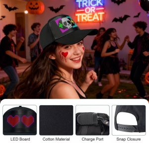6x32 LED Display Baseball Cap - USB Rechargeable Programmable Hat with Bluetooth App Control, Custom Message Scrolling Visor for Parties, Sports & Outdoor Activities